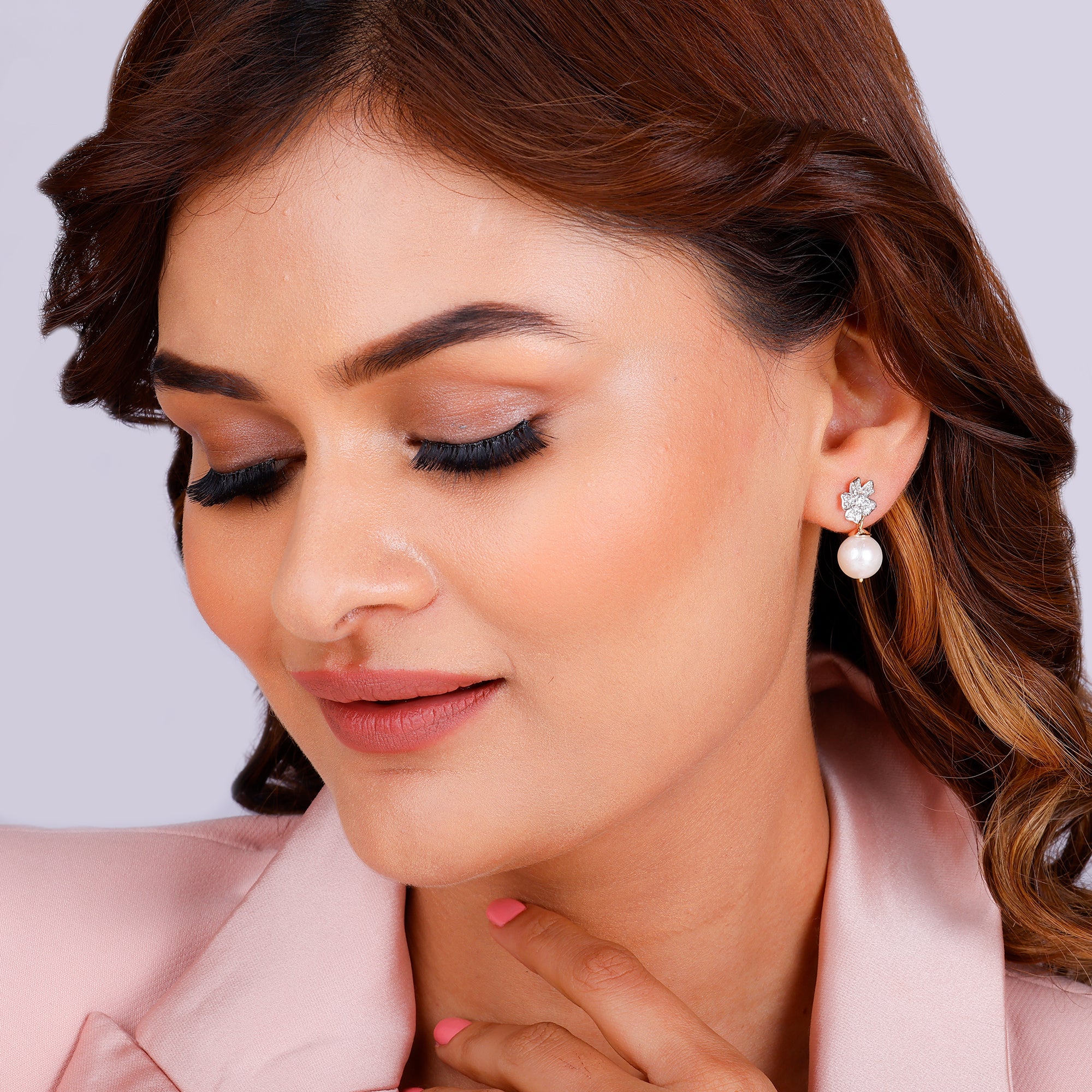 Gold Floral Pearl Diamond Earrings - Image 3