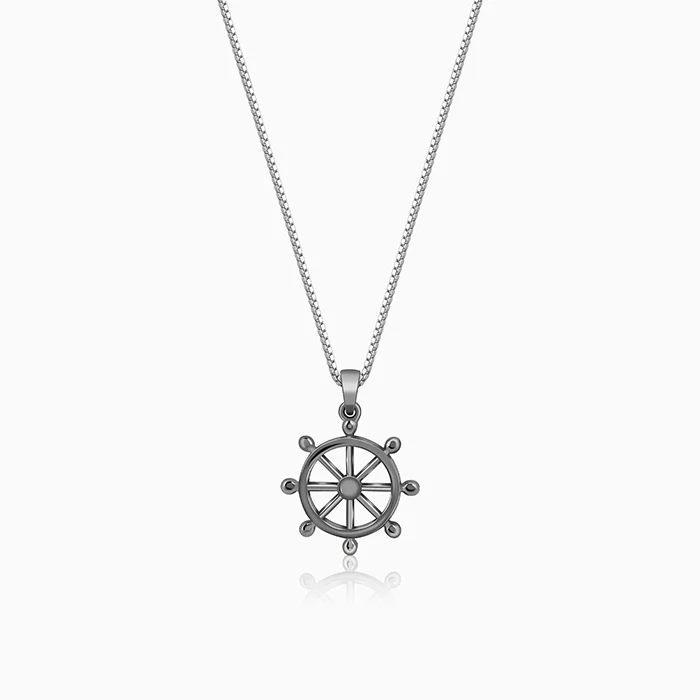 Black Rhodium Time Wheel Pendant With Box Chain For Him