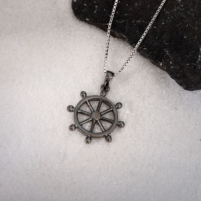 Black Rhodium Time Wheel Pendant With Box Chain For Him - Image 2
