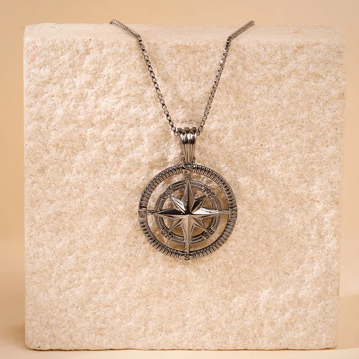 Black Rhodium Vintage Compass Pendant With Box Chain For Him - Image 2
