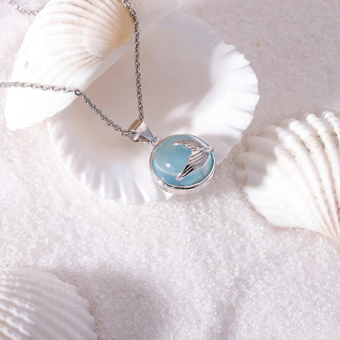 Silver Gleaming Blue Fish Tail Pendant with Link Chain - Image 2