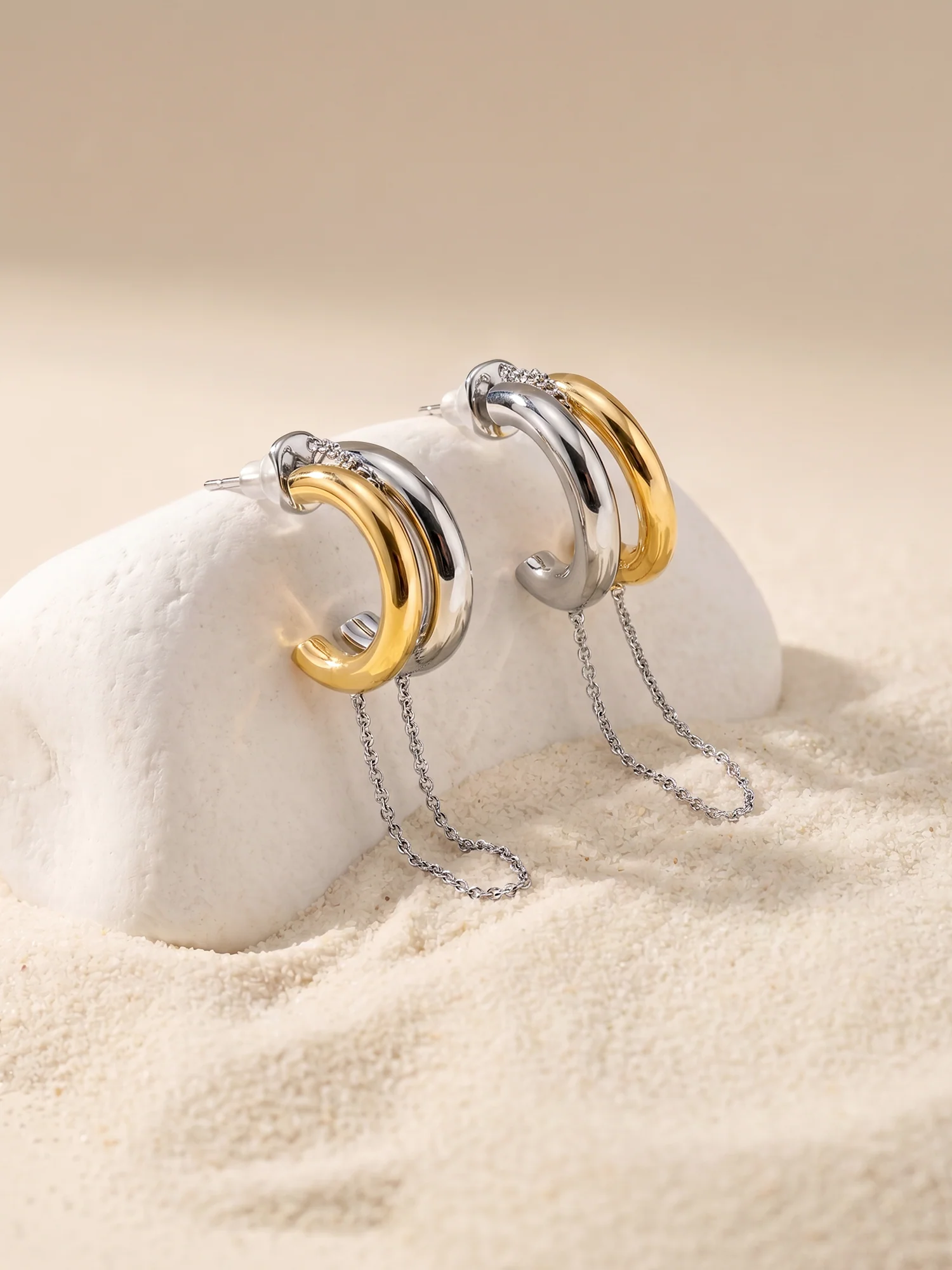 Chain Drop Link Dual Tone Earrings - Image 2