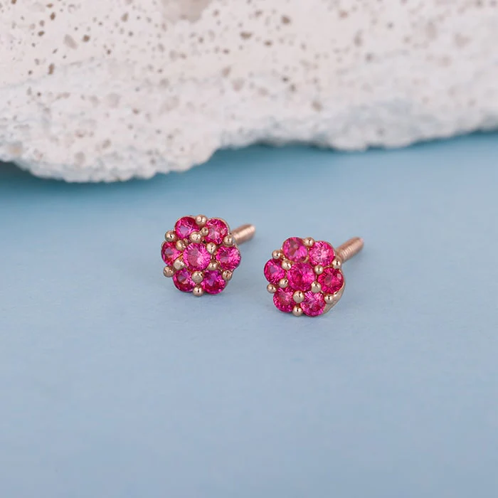 Rose Gold Magenta Flower Stud Kids Earrings - Image 2
