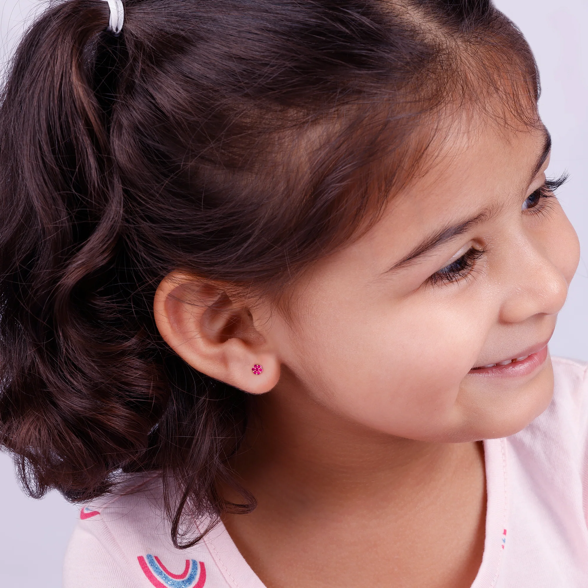 Rose Gold Magenta Flower Stud Kids Earrings - Image 3
