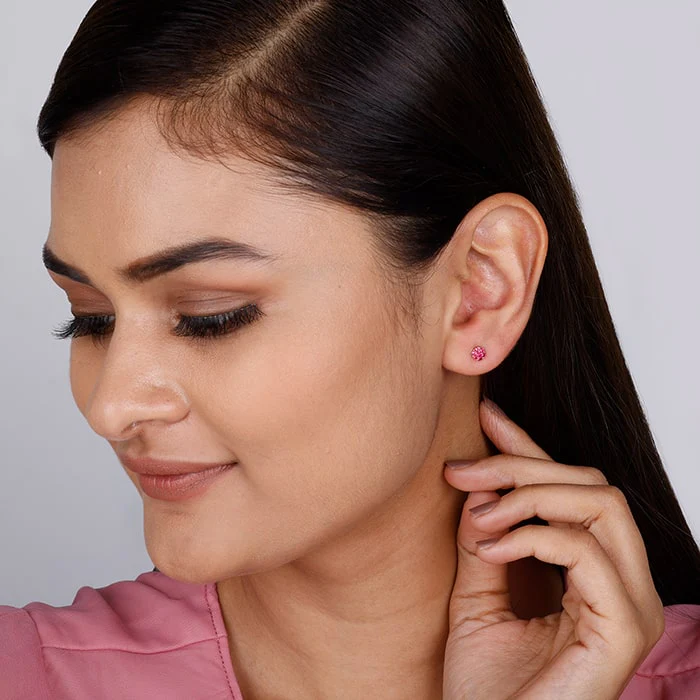 Rose Gold Magenta Flower Stud Kids Earrings - Image 4