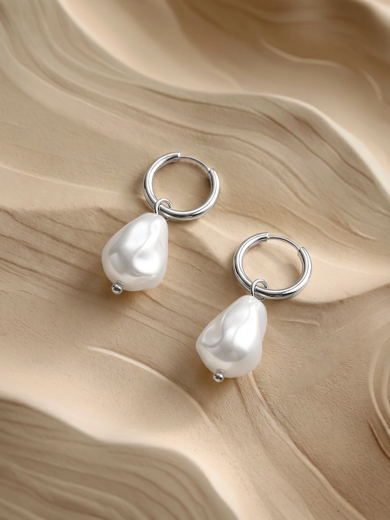 Drop It Pearl Rhodium Plated Hoop Earrings - Image 2