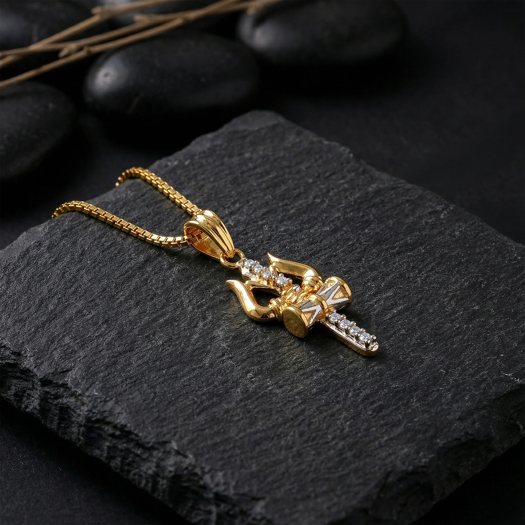 Dual Tone Mahadev Trishul Silver Pendant With Box Chain For Him - Image 2