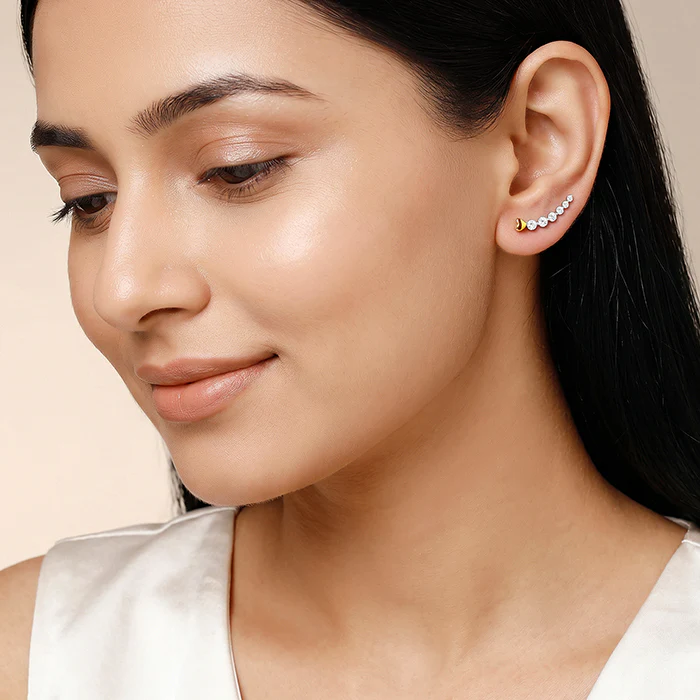 Dual Tone Raw Edge Silver Climber Earrings - Image 3