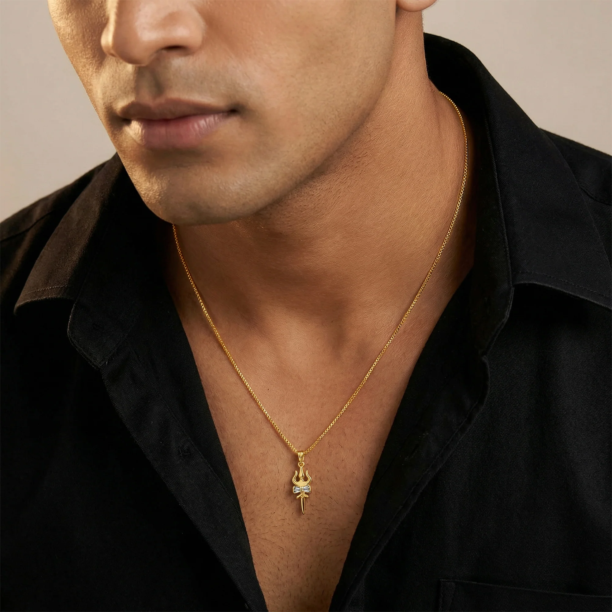 Dual Tone Sacred Trishul Silver Pendant With Box Chain For Him - Image 3
