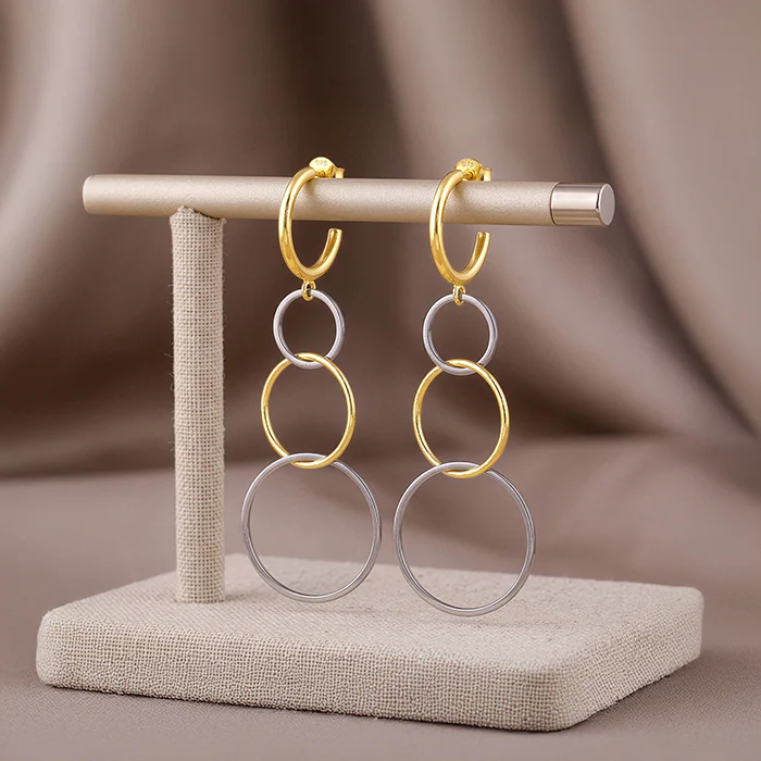 Dual Tone Sequence Silver Dangler Earrings - Image 2