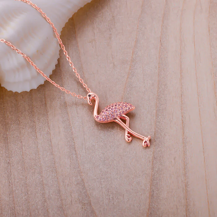 Rose Gold Zircon Flamingo Pendant with Link Chain - Image 2