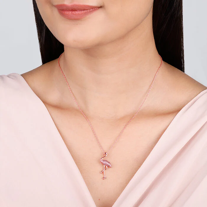 Rose Gold Zircon Flamingo Pendant with Link Chain - Image 3