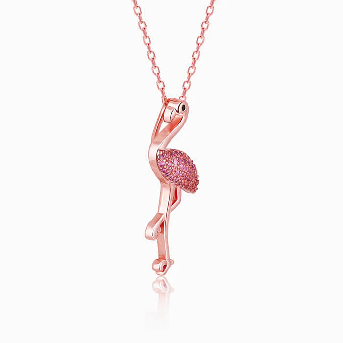 Rose Gold Zircon Flamingo Pendant with Link Chain - Image 4