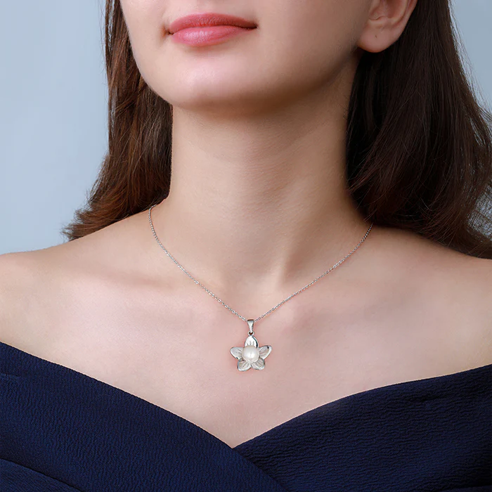Silver Floral Pearl Pendant with Link Chain - Image 3