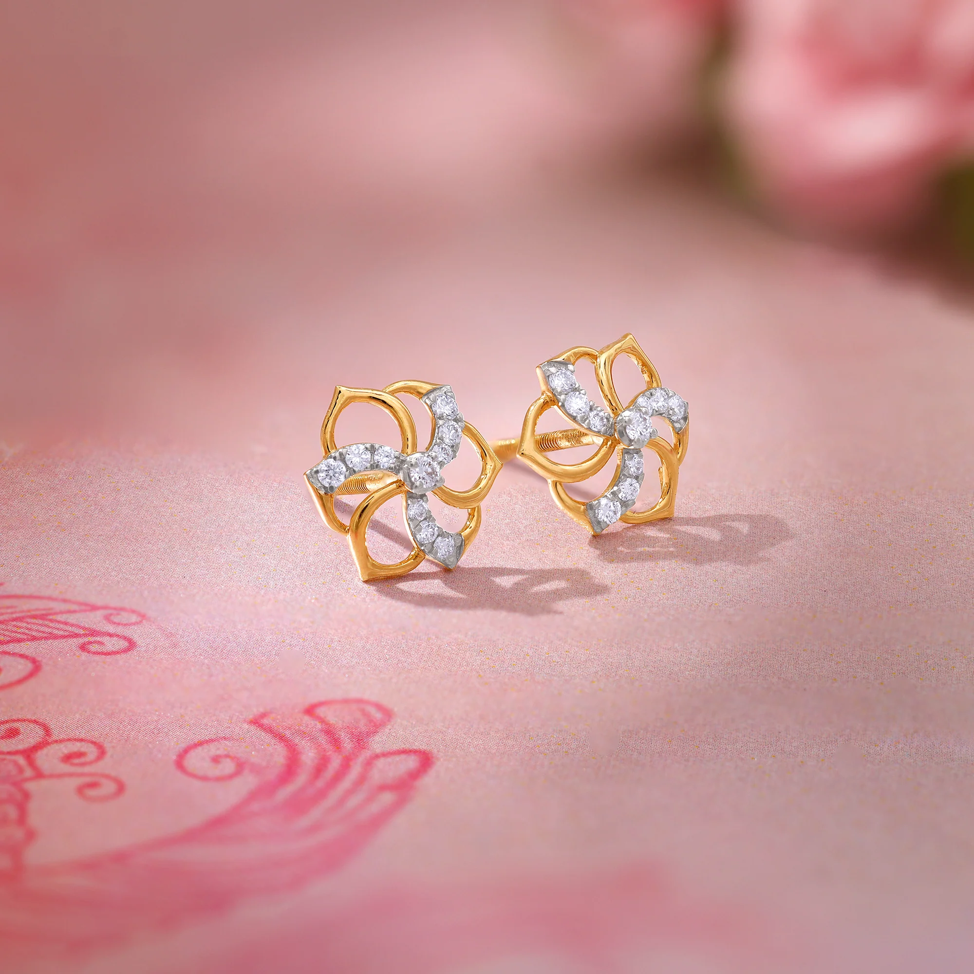 Gold Camellia Floral Lab Grown Diamond Earrings - Image 2