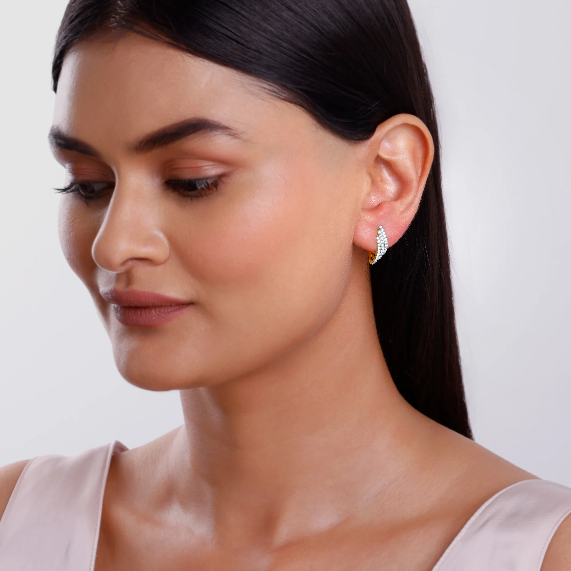 Gold Divine Feathers J Hoop Lab Grown Diamond Earrings - Image 3