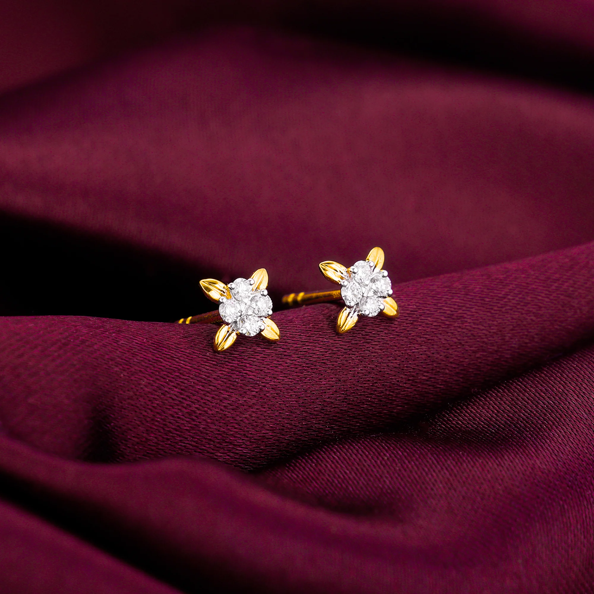 Gold Floral Beauty Diamond Stud Earrings - Image 2