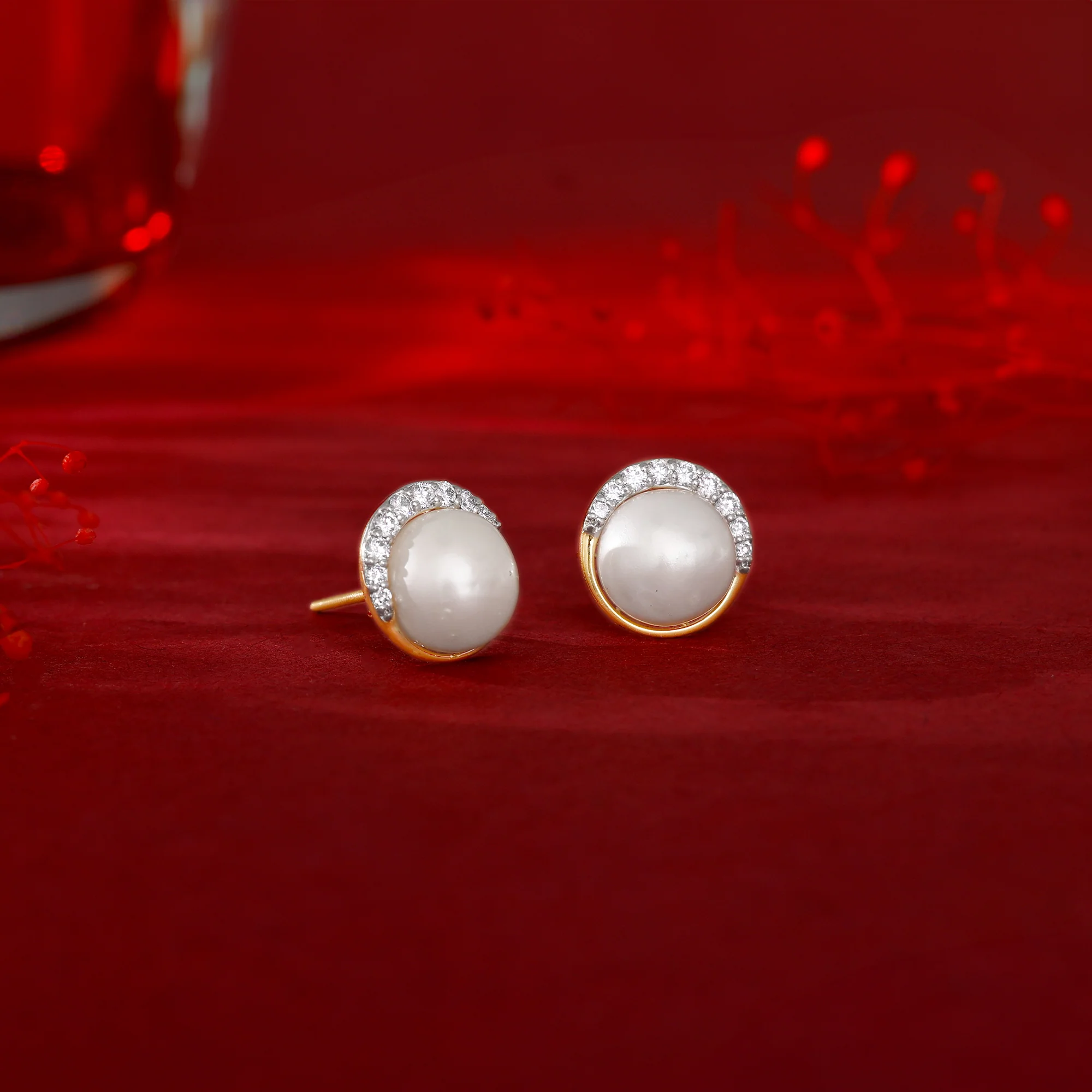 Gold Graceful Pearl Diamond Studs - Image 2