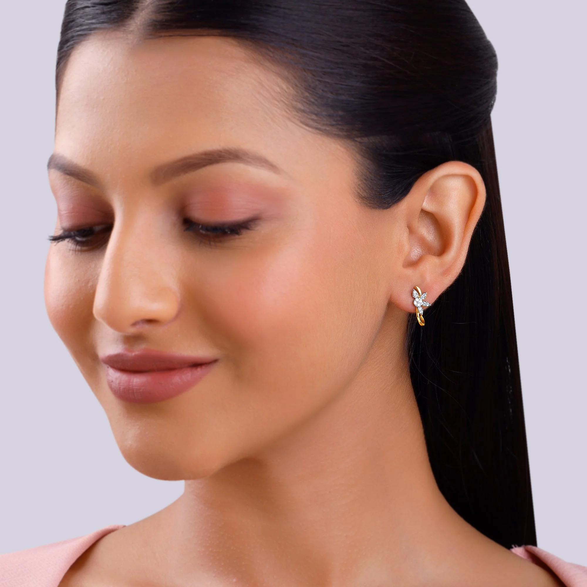 Gold Leafy J Hoop Lab Grown Diamond Earrings - Image 3