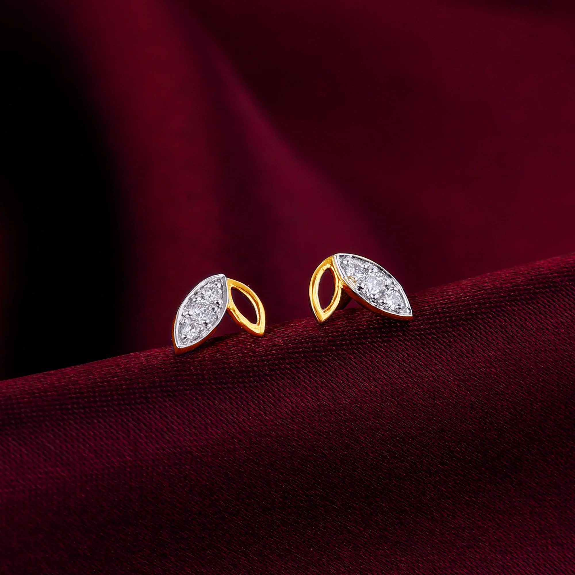 Gold Paired Leaves Diamond Stud Earrings - Image 2
