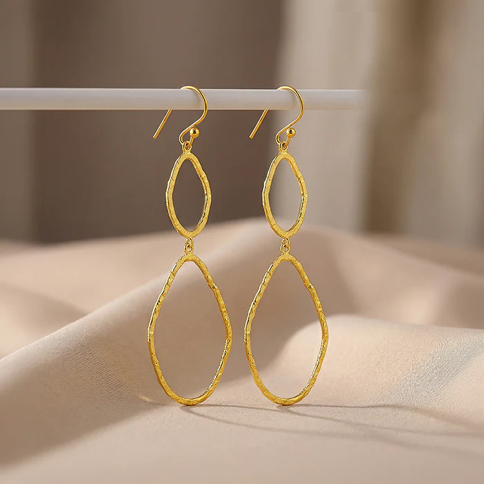 Golden Hammered Textured Hook Earrings - Image 2