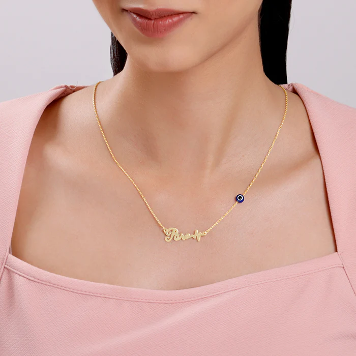 Golden Personalised Evil Eye Heartbeat Necklace - Image 3