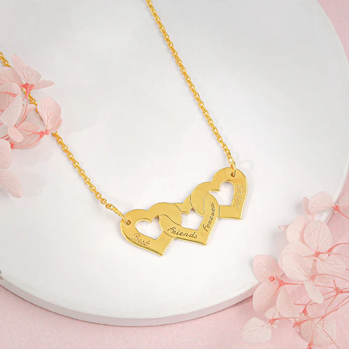 Golden Personalised Triple Heart BFF Necklace - Image 3