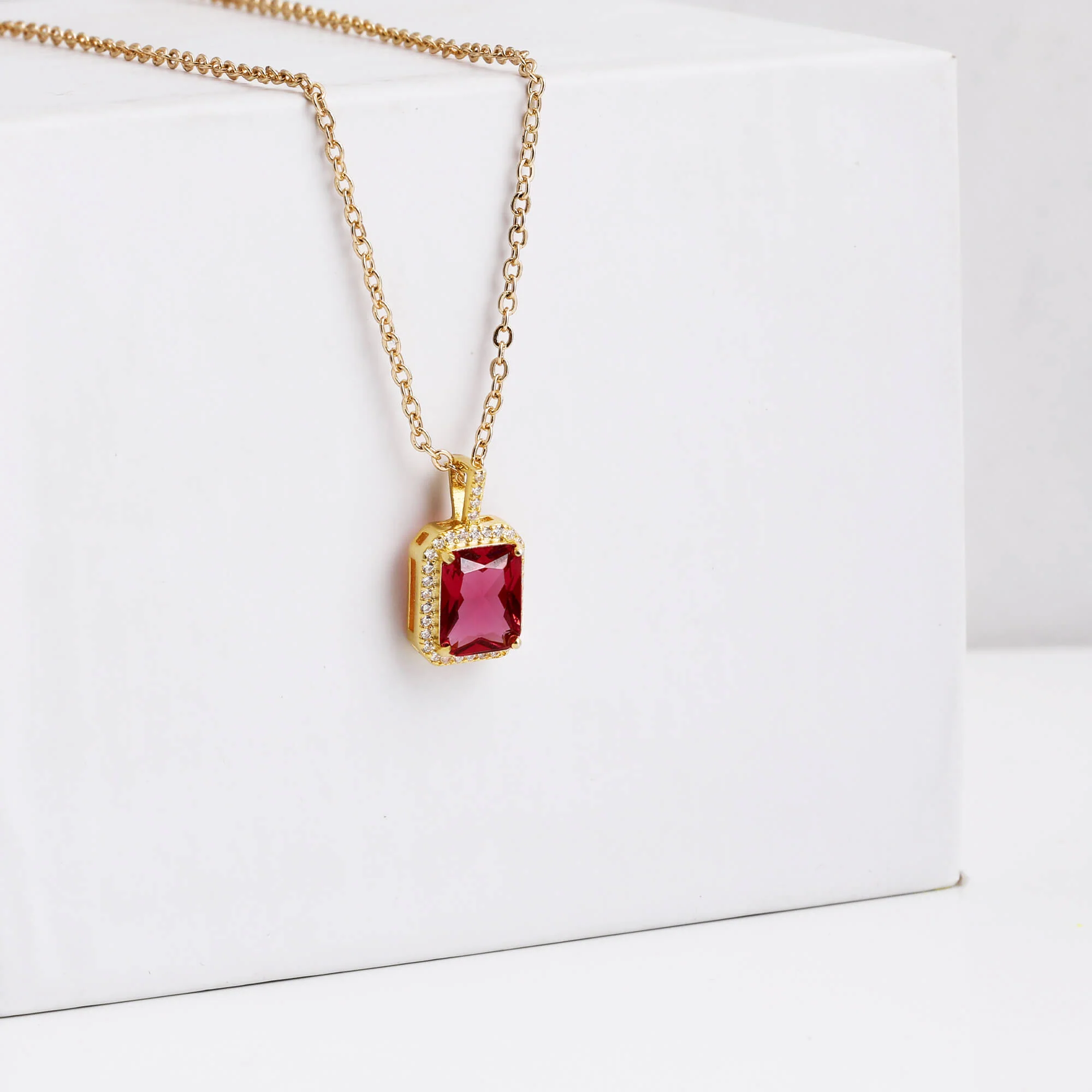 Golden Ruby Red Baguette Pendant with Link Chain - Image 2