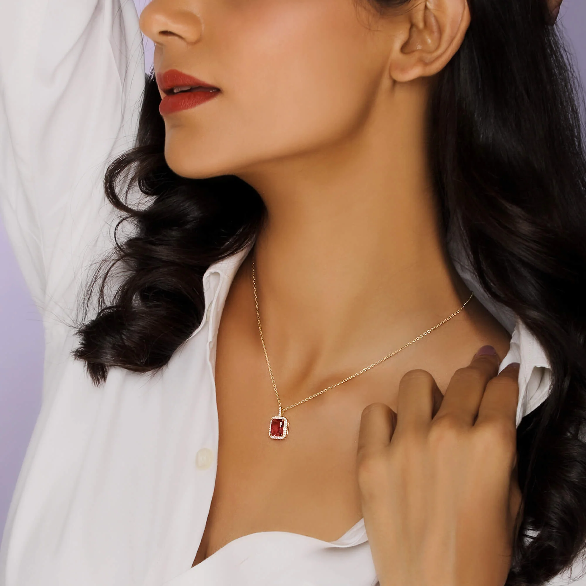 Golden Ruby Red Baguette Pendant with Link Chain - Image 3