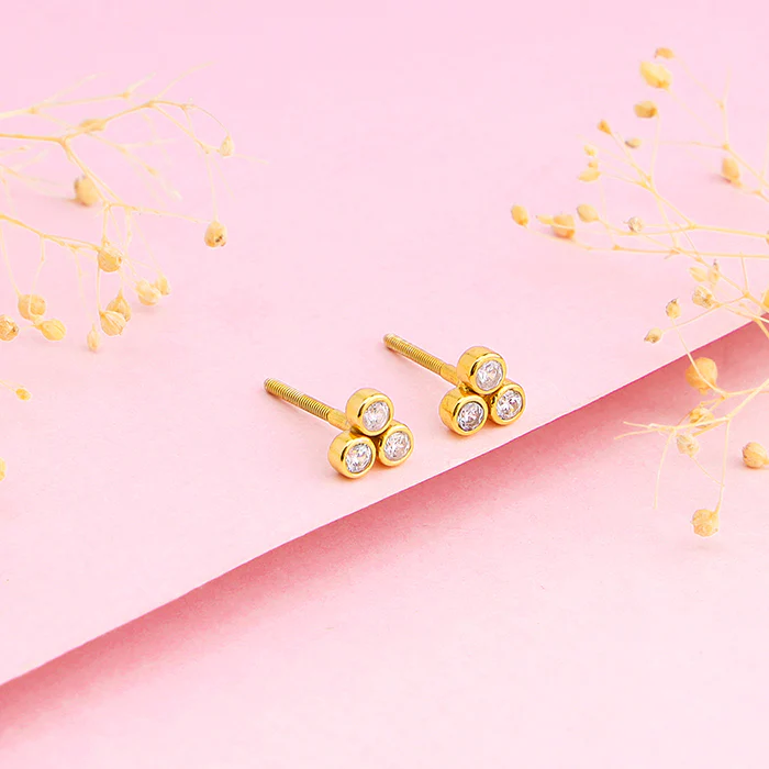 Golden Three-Stoned Stud  Earrings - Image 2