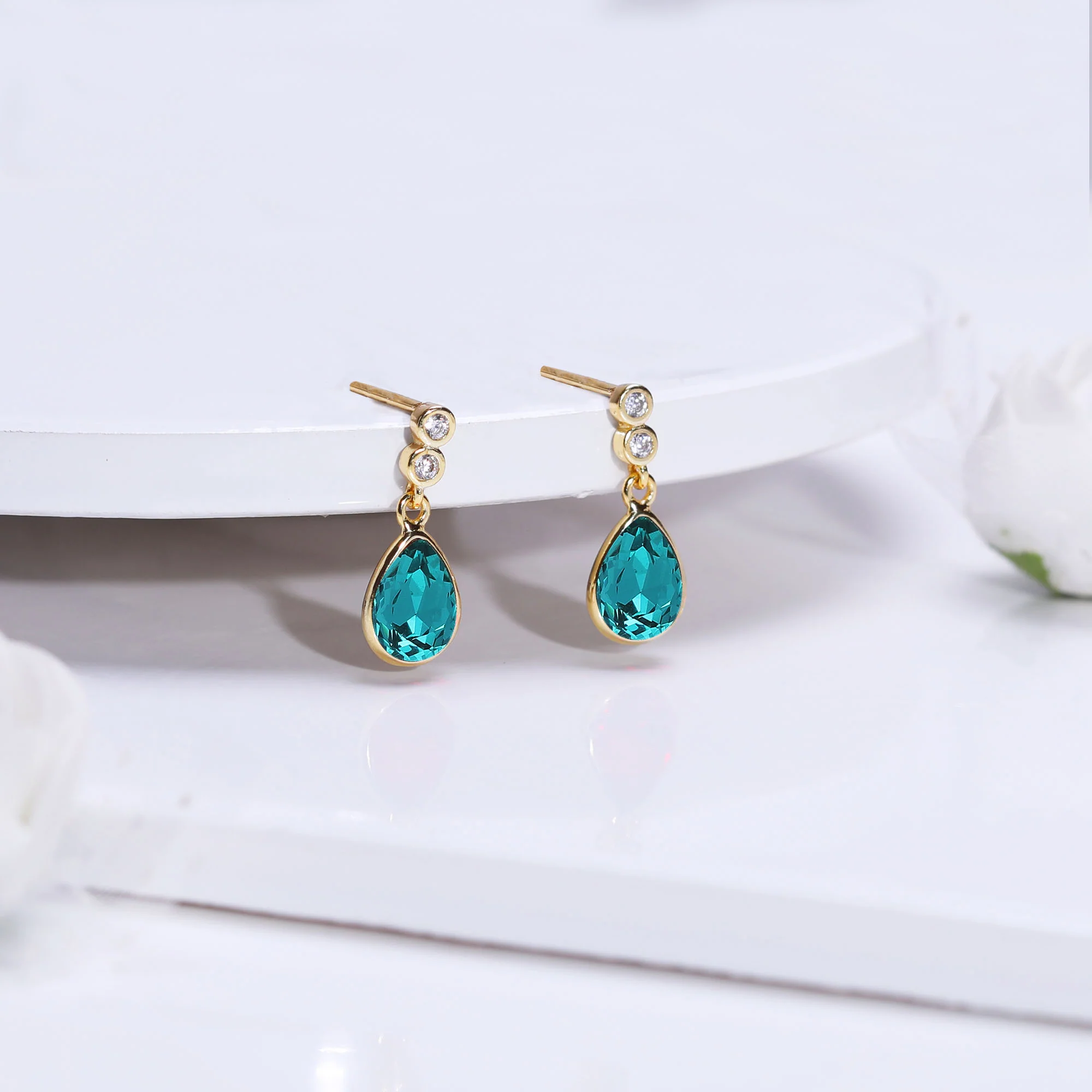 Golden Turquoise Blue Tear Drop Earrings - Image 2