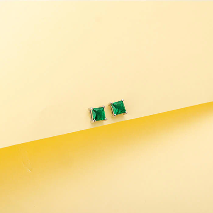 Silver Emerald Green Square Stud Earrings - Image 5