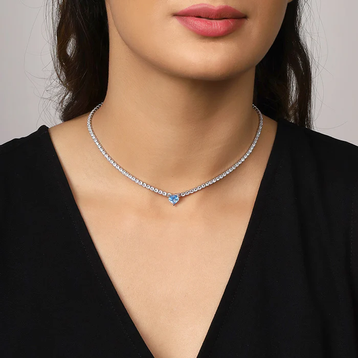 Silver Blue Heart Choker Necklace - Image 3