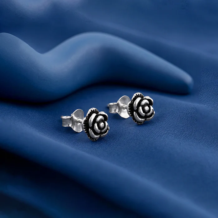 Oxidised Rose Bud Stud Earrings - Image 2