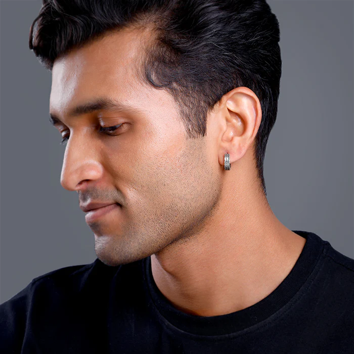Oxidised Silver Huggie Hoop Earring for Him - Image 3