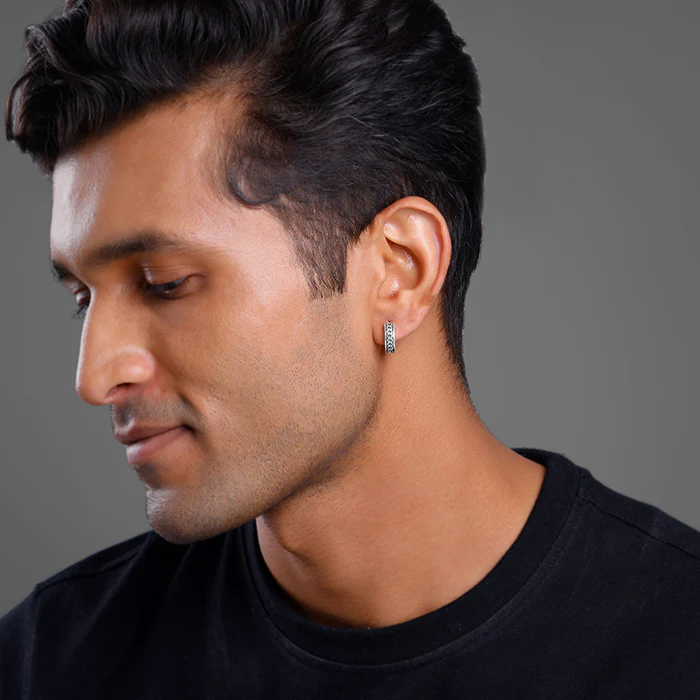Oxidised Silver Linked Chain Hoop Stud For Him - Image 4