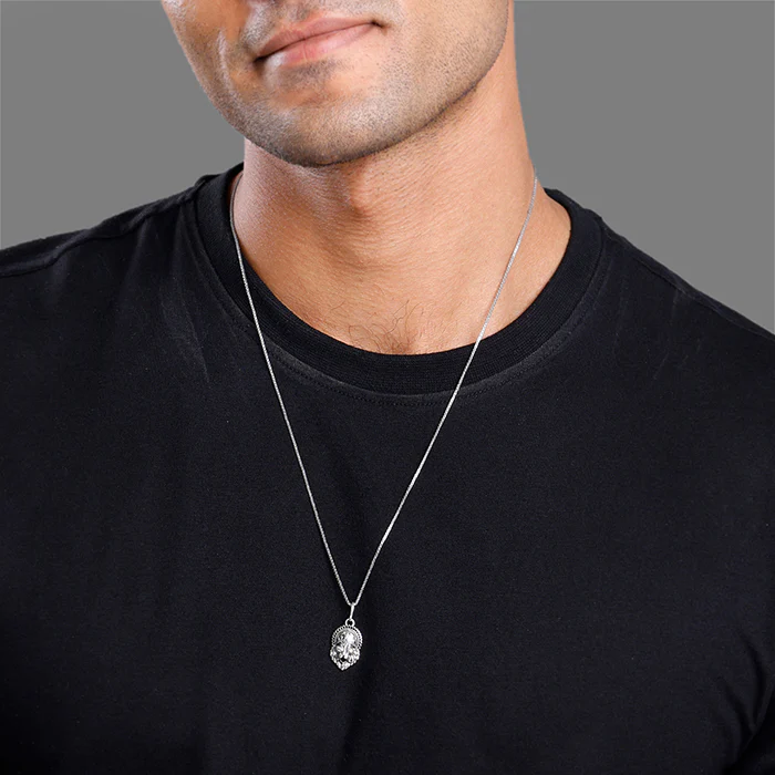 Oxidised Silver Narasimha Crown Pendant With Box Chain For Him - Image 3