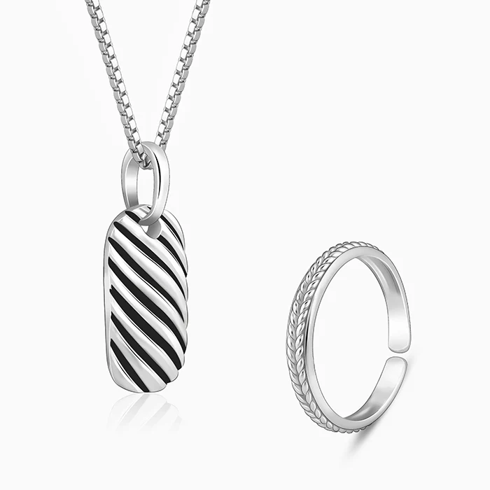 Oxidised Silver Obsidian Duo Set For Him - Image 4