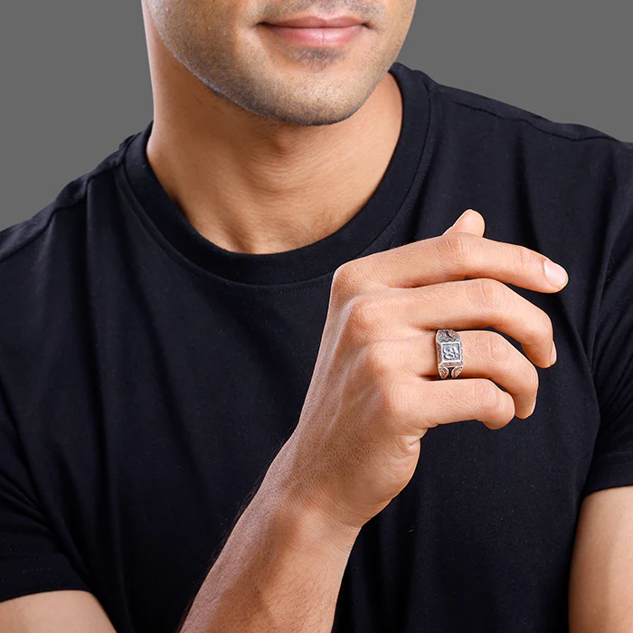 Oxidised Silver Omkar Ring For Him - Image 3