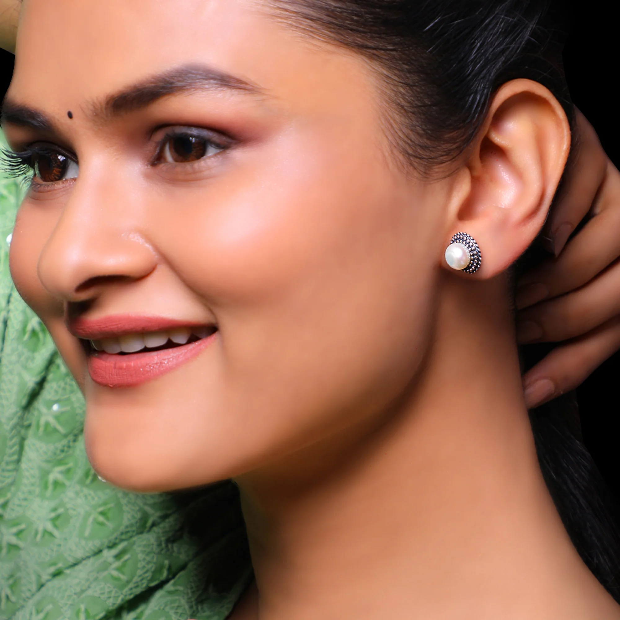 Oxidised Silver Pearl Stud Earrings - Image 3