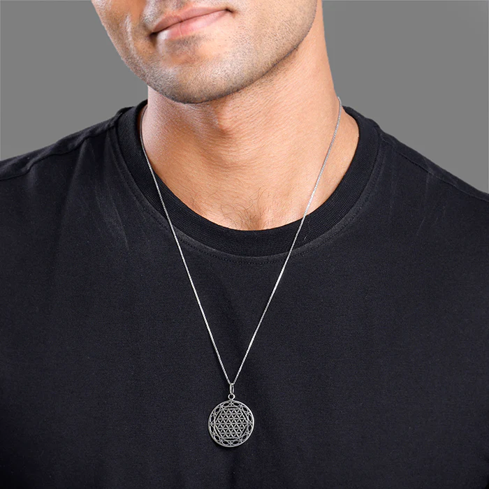 Oxidised Silver Sacred Bloom Pendant With Box Chain For Him - Image 3