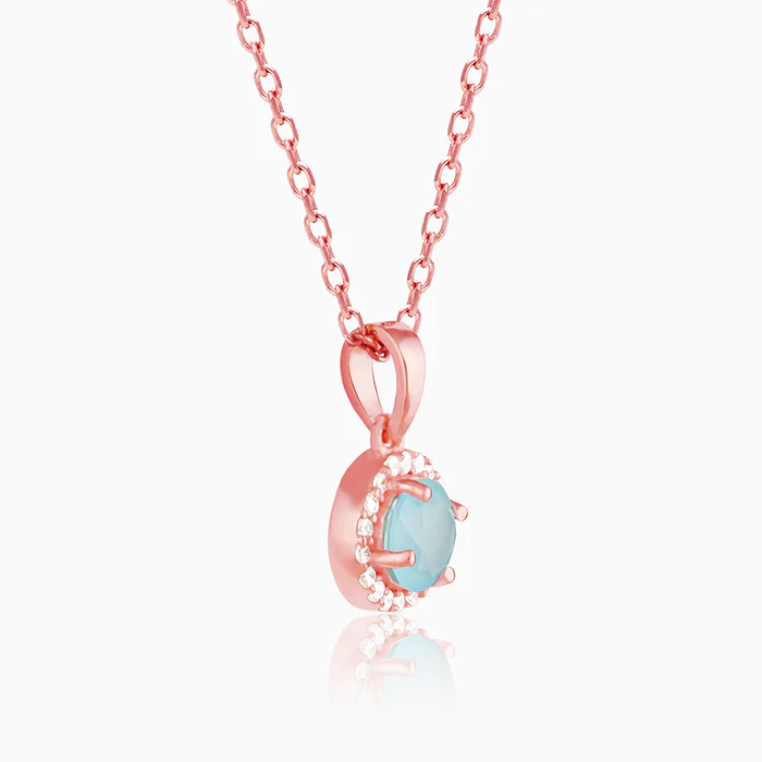Rose Gold Blue Halo Pendant With Link Chain - Image 3
