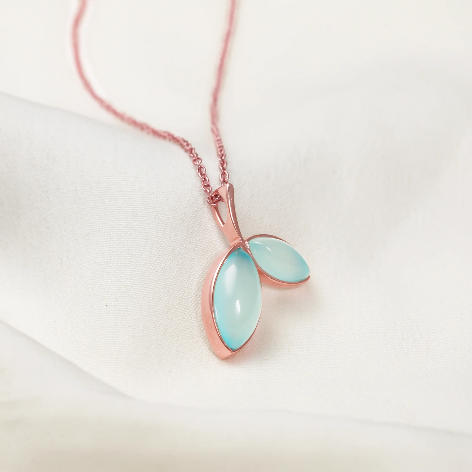 Rose Gold Aqua Dual Chalcedony Leaf Pendant - Image 2