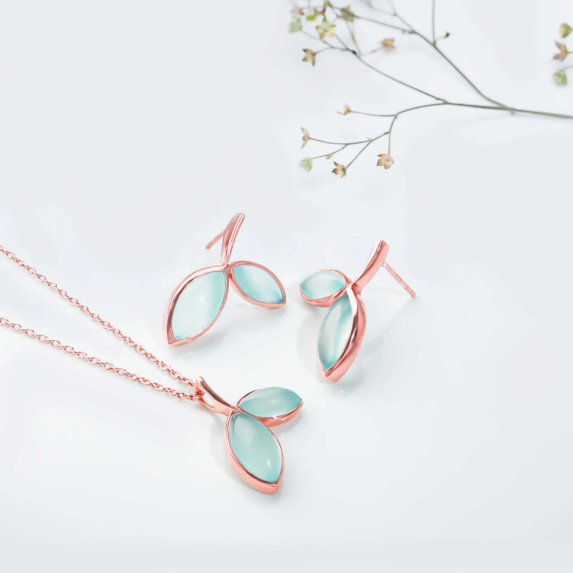 Rose Gold Aqua Dual Chalcedony Leaf Set - Image 2