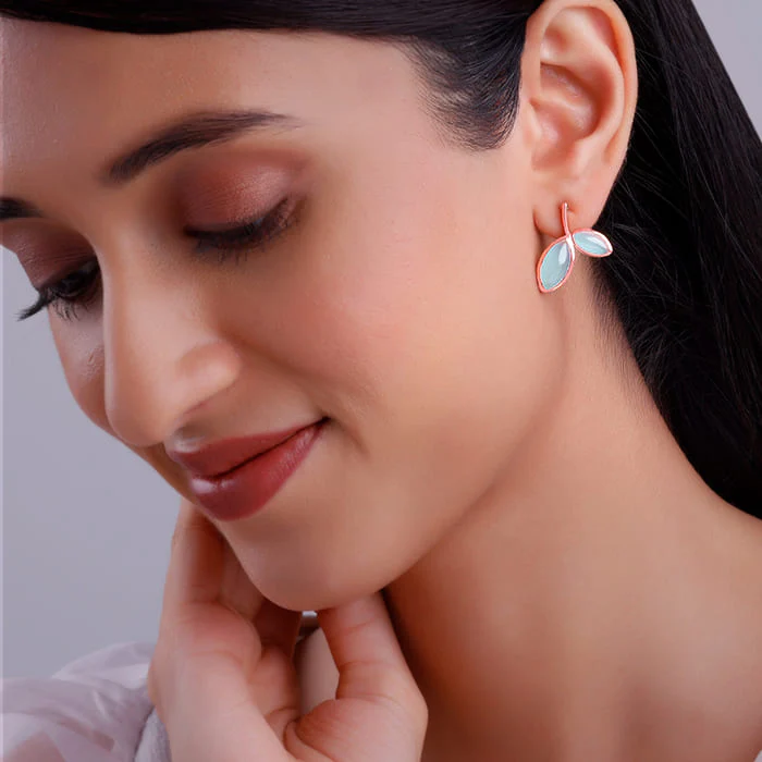 Rose Gold Aqua Dual Chalcedony Leaf Studs - Image 3
