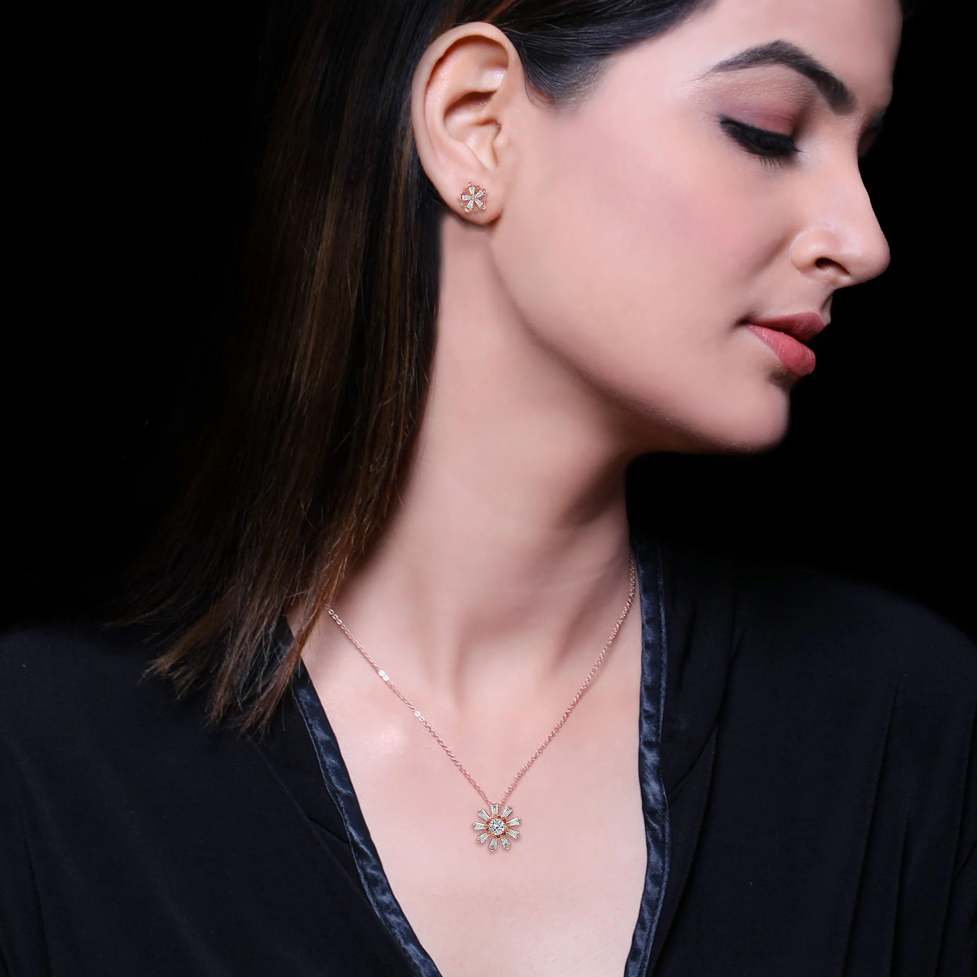Rose Gold Baguette Flower Set with Link Chain - Image 3