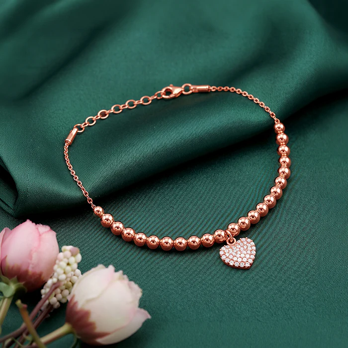 Rose Gold Beaded Heart Charm Bracelet - Image 2