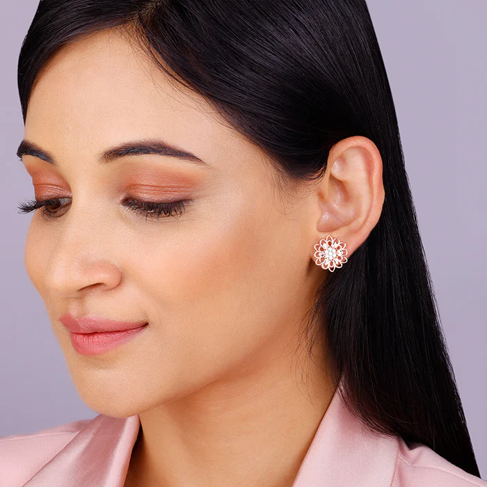 Rose Gold Blooming Flower Stud Earrings - Image 3