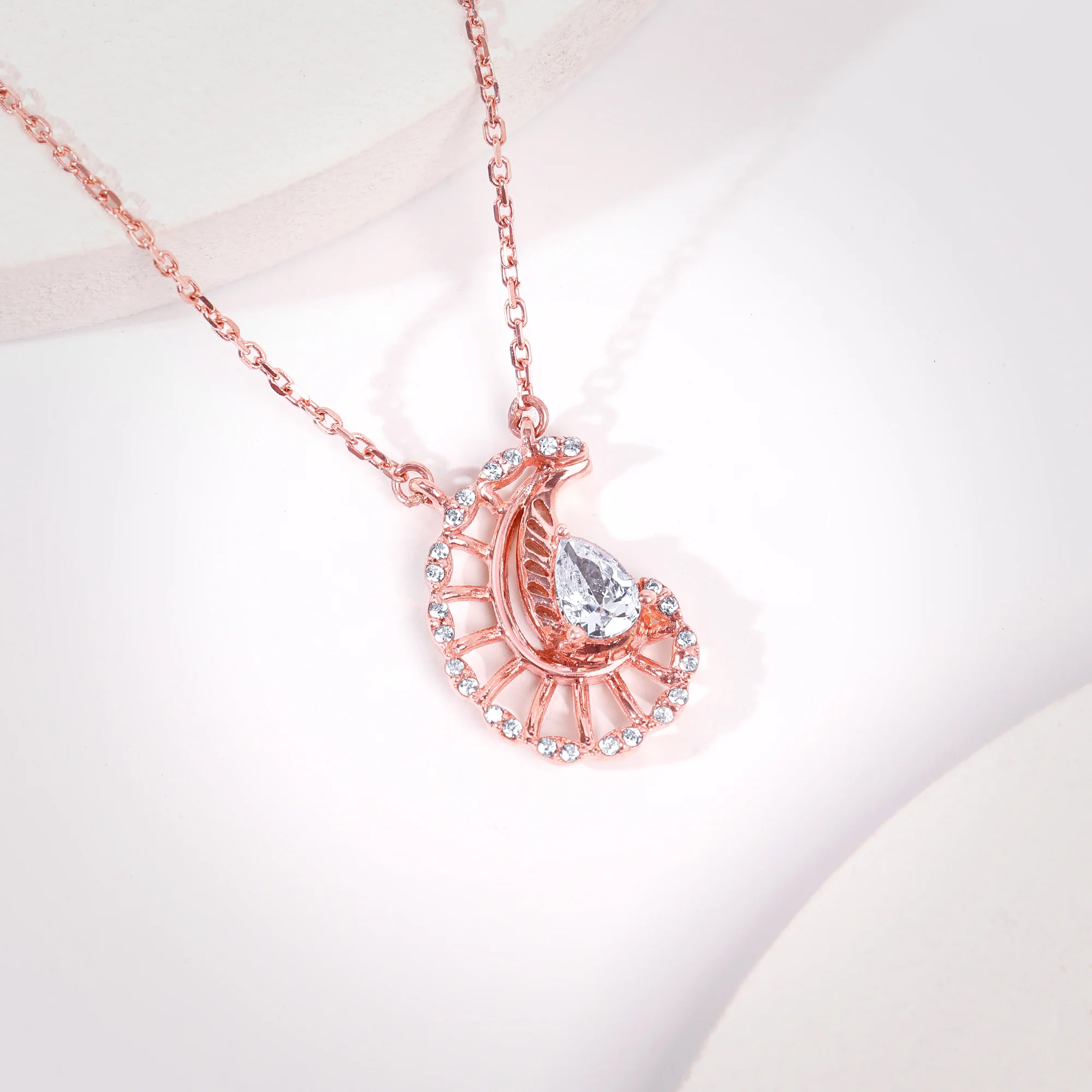 Rose Gold Classy Paisley Pendant With Link Chain - Image 2