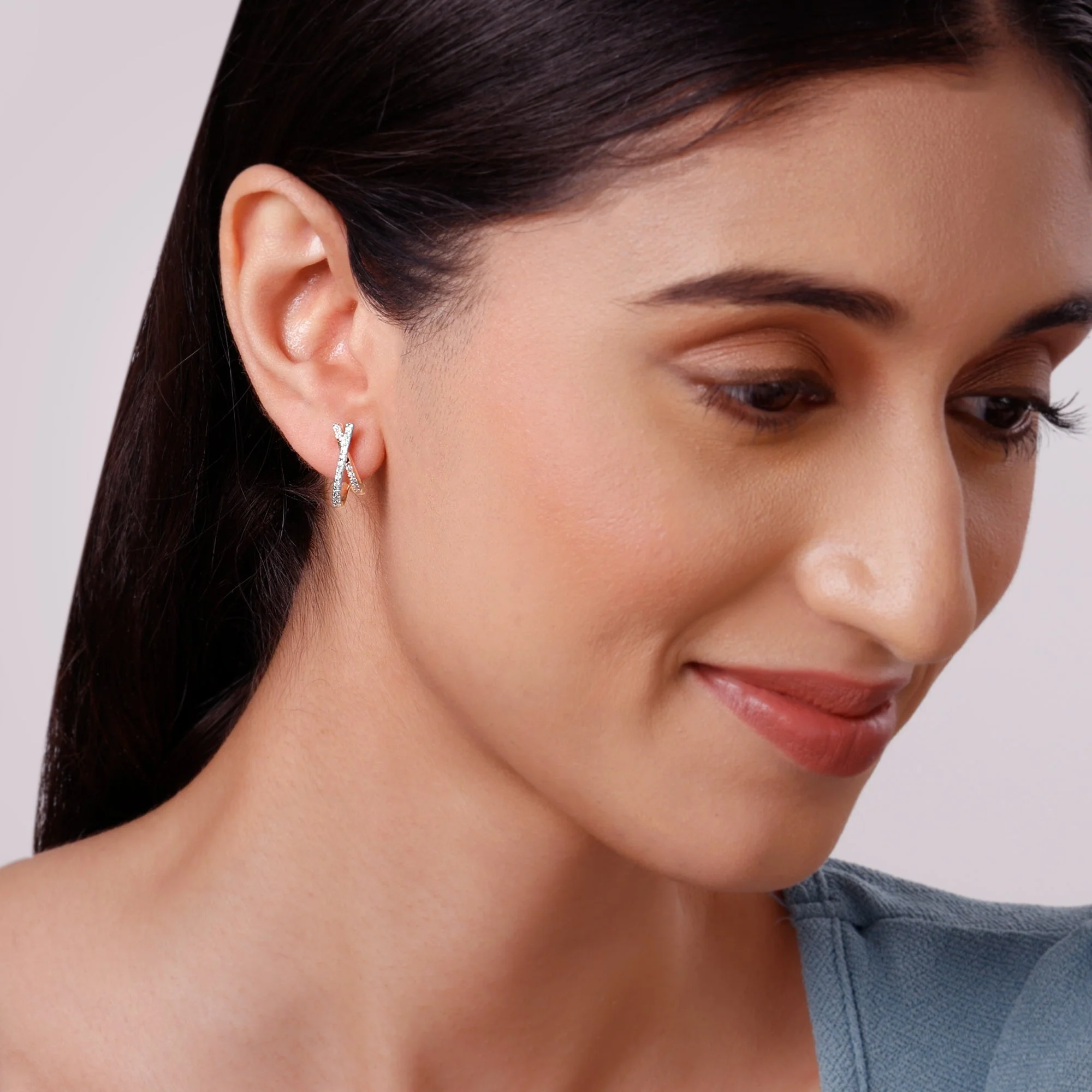 Rose Gold Cross Lab Grown Diamond J Hoop Earrings - Image 3